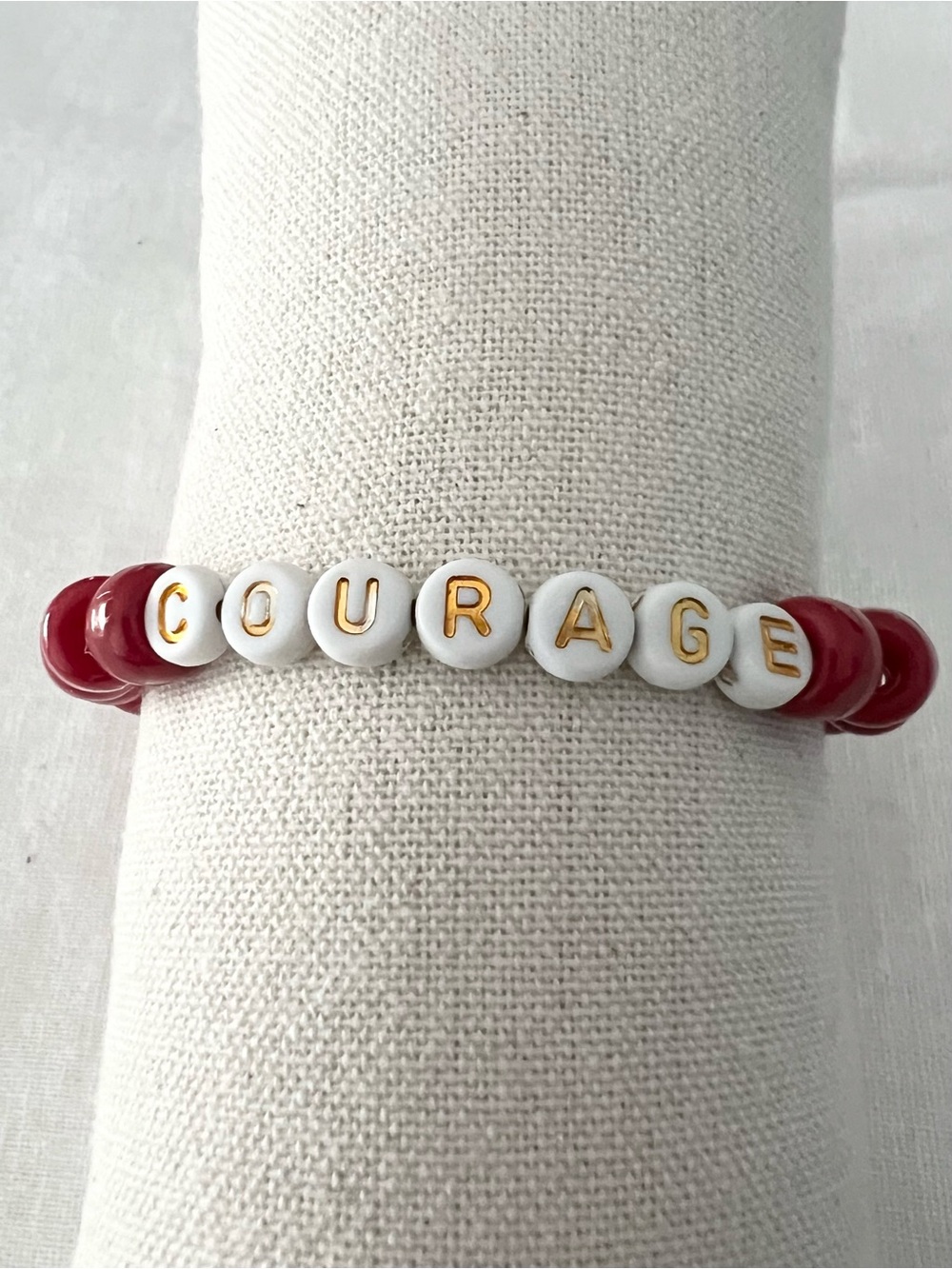 Handmade COURAGE Red Pony Bead Stretch Bracelet | Inspirational Word Bracelet
